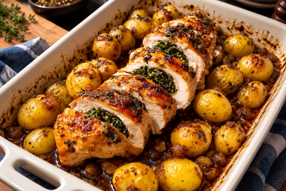 Gevulde kip uit de oven met aardappeltjes